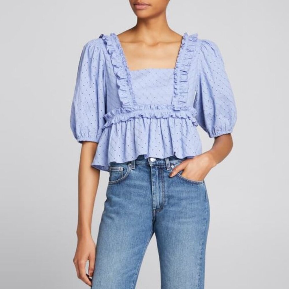 Cinq à Sept Mel Eyelet Ruffle Peplum Top – Periwinkle, Size Medium